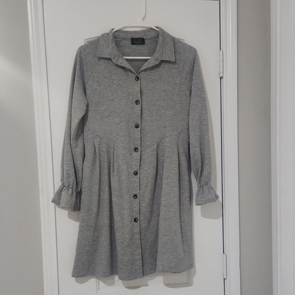 LTX Gray Collared Shirt Dress Large Button-Down Knit Long Sleeve Casual